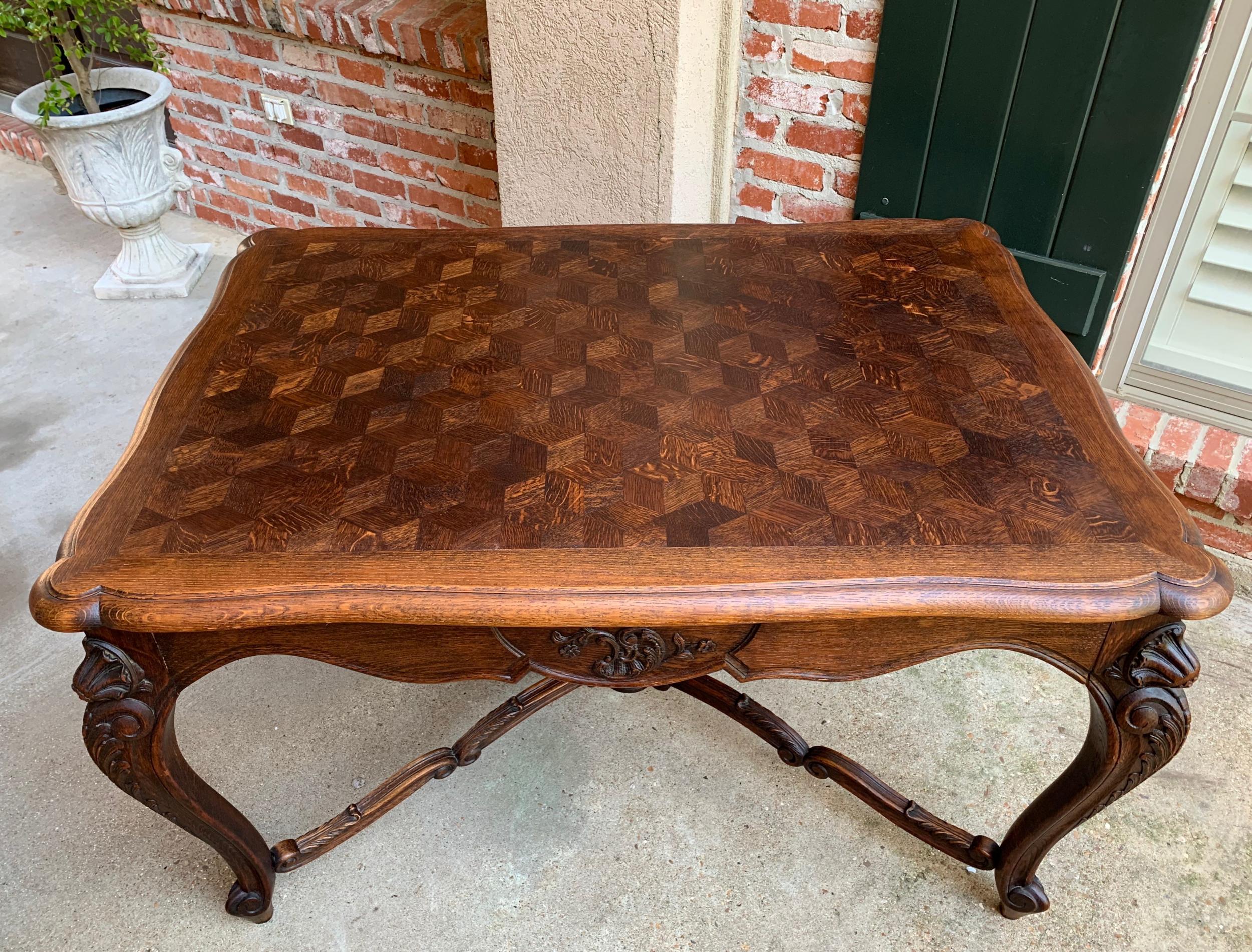 Antique French Carved Oak Parquet Dining Table Kitchen Library Louis XV Style 4