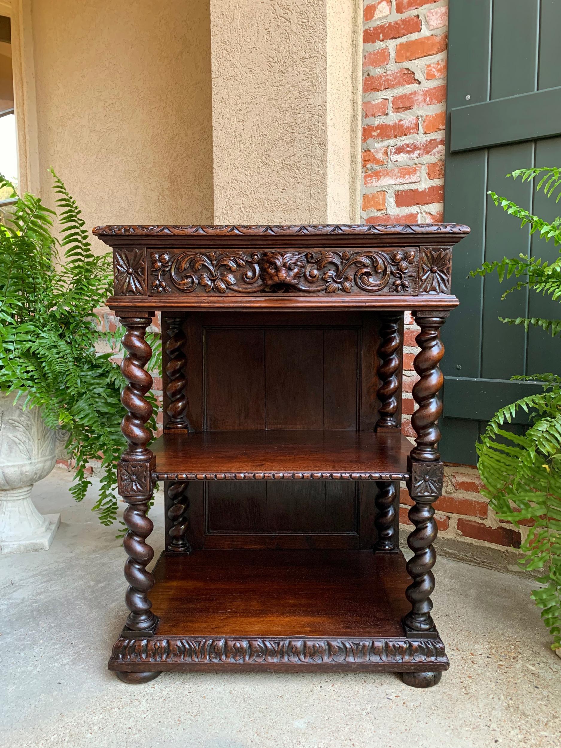 Antique French carved oak petite bookcase server barley twist display louis XIII

~Direct from France~
Very special petite size 19th century French Louis XIII style sideboard/server or bookcase.
Fabulous details with a carved beveled edge top above