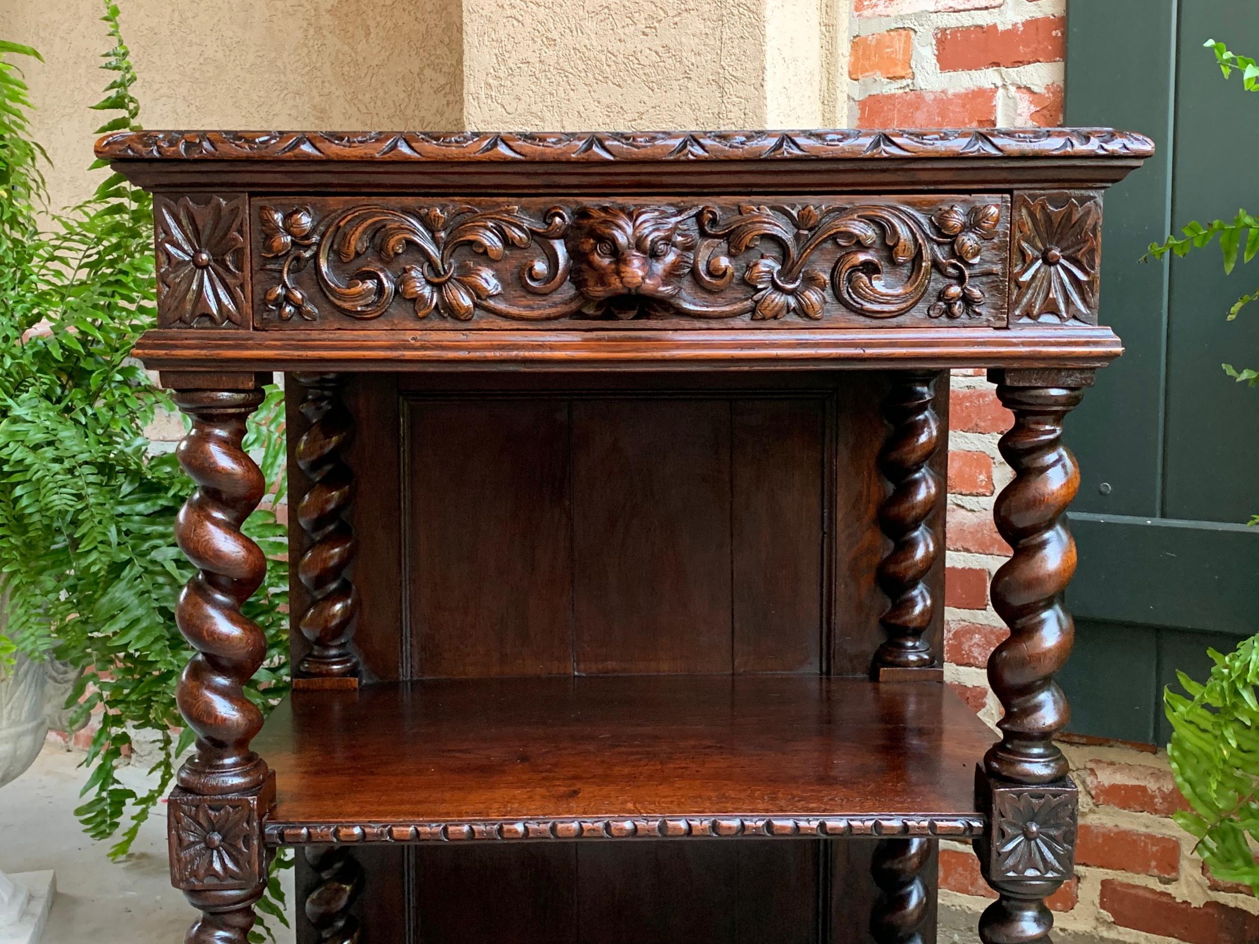 Hand-Carved 19th century French Petite Bookcase Server Barley Twist Louis XIII Carved Oak  For Sale