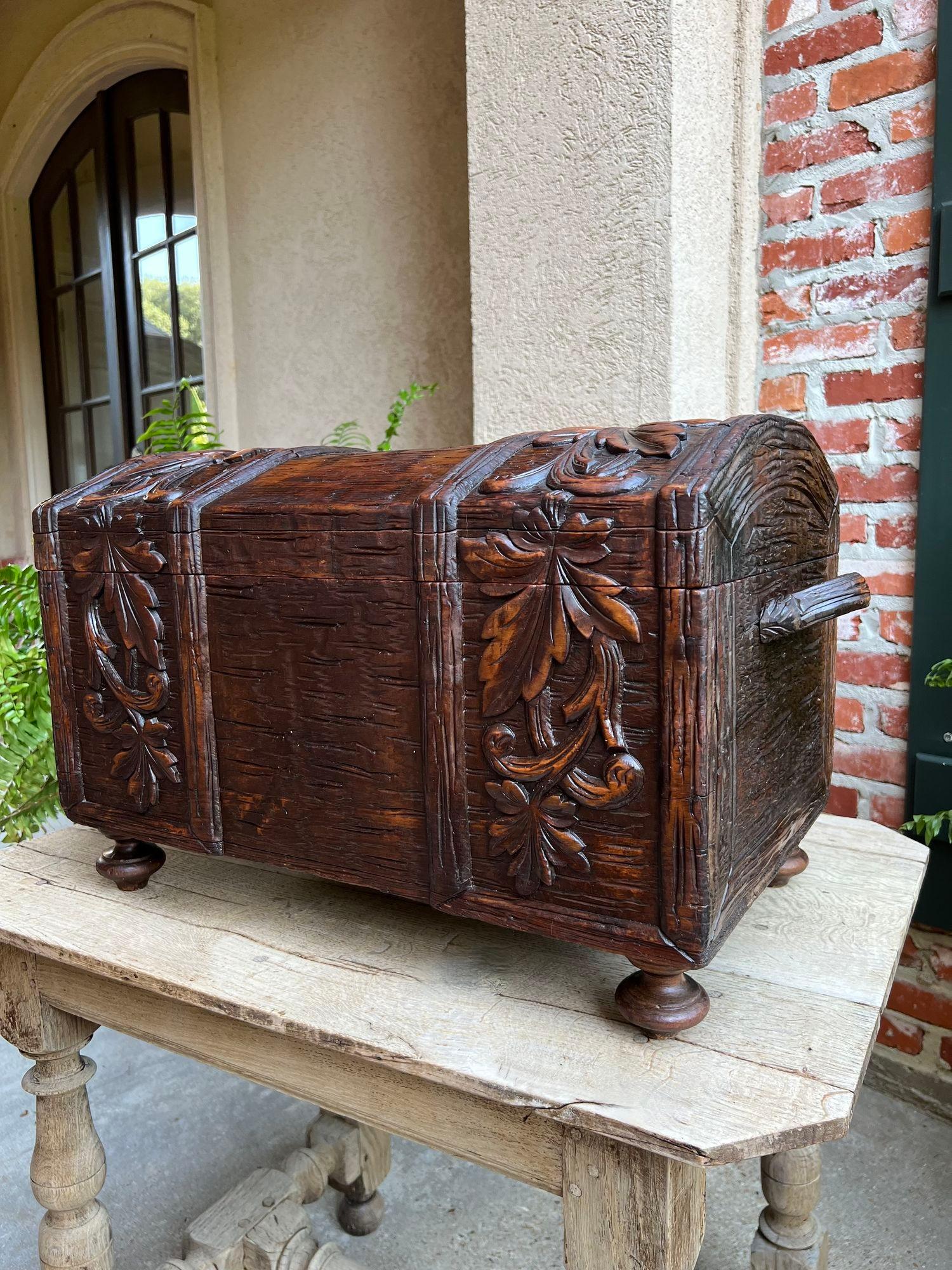 Antique French Carved Oak Petite Trunk Chest Black Forest Faux Bois Planter Box 9