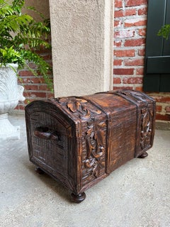 Antique French Carved Oak Petite Trunk Chest Black Forest Faux Bois Planter Box