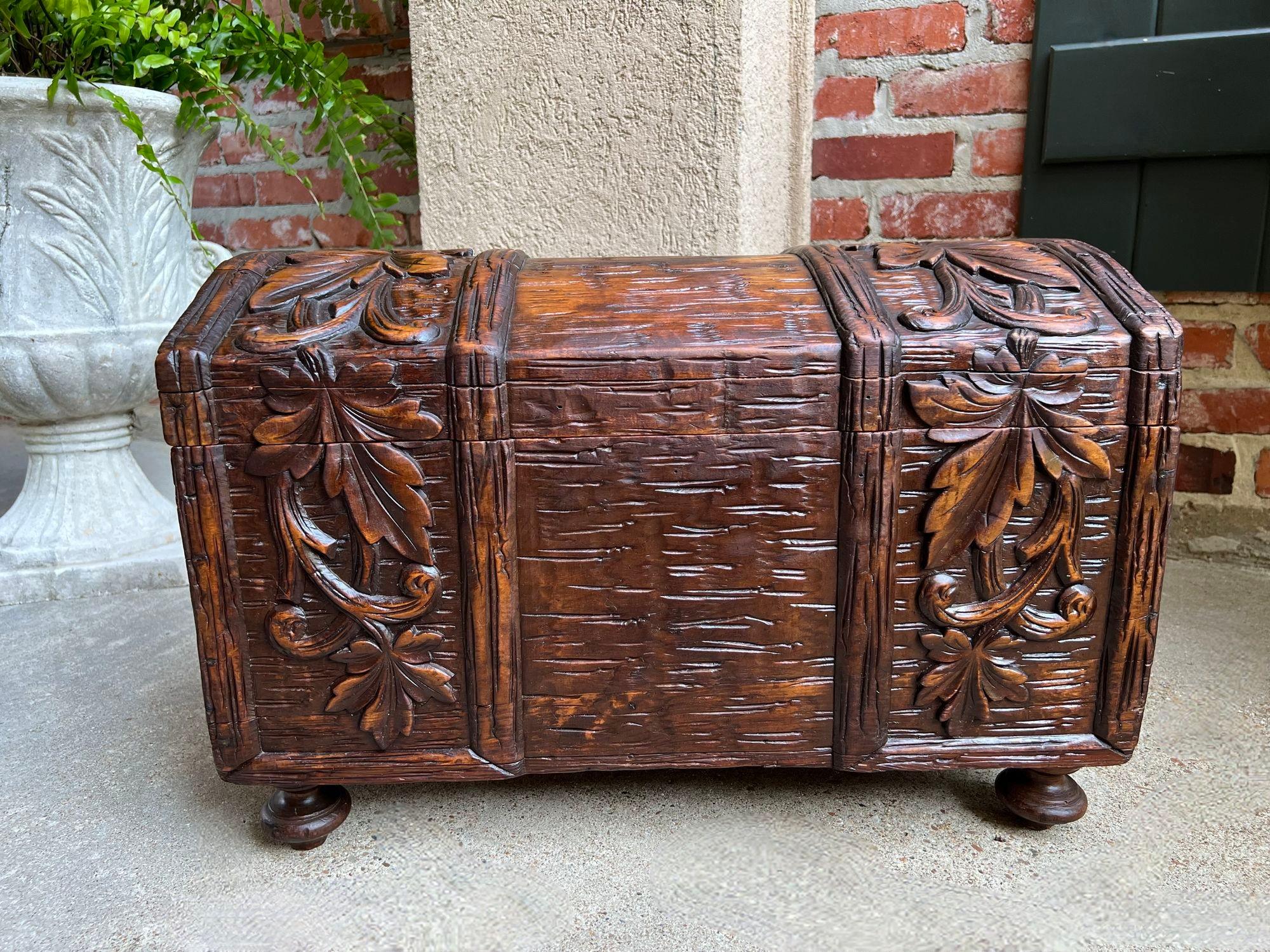 Hand-Carved Antique French Carved Oak Petite Trunk Chest Black Forest Faux Bois Planter Box