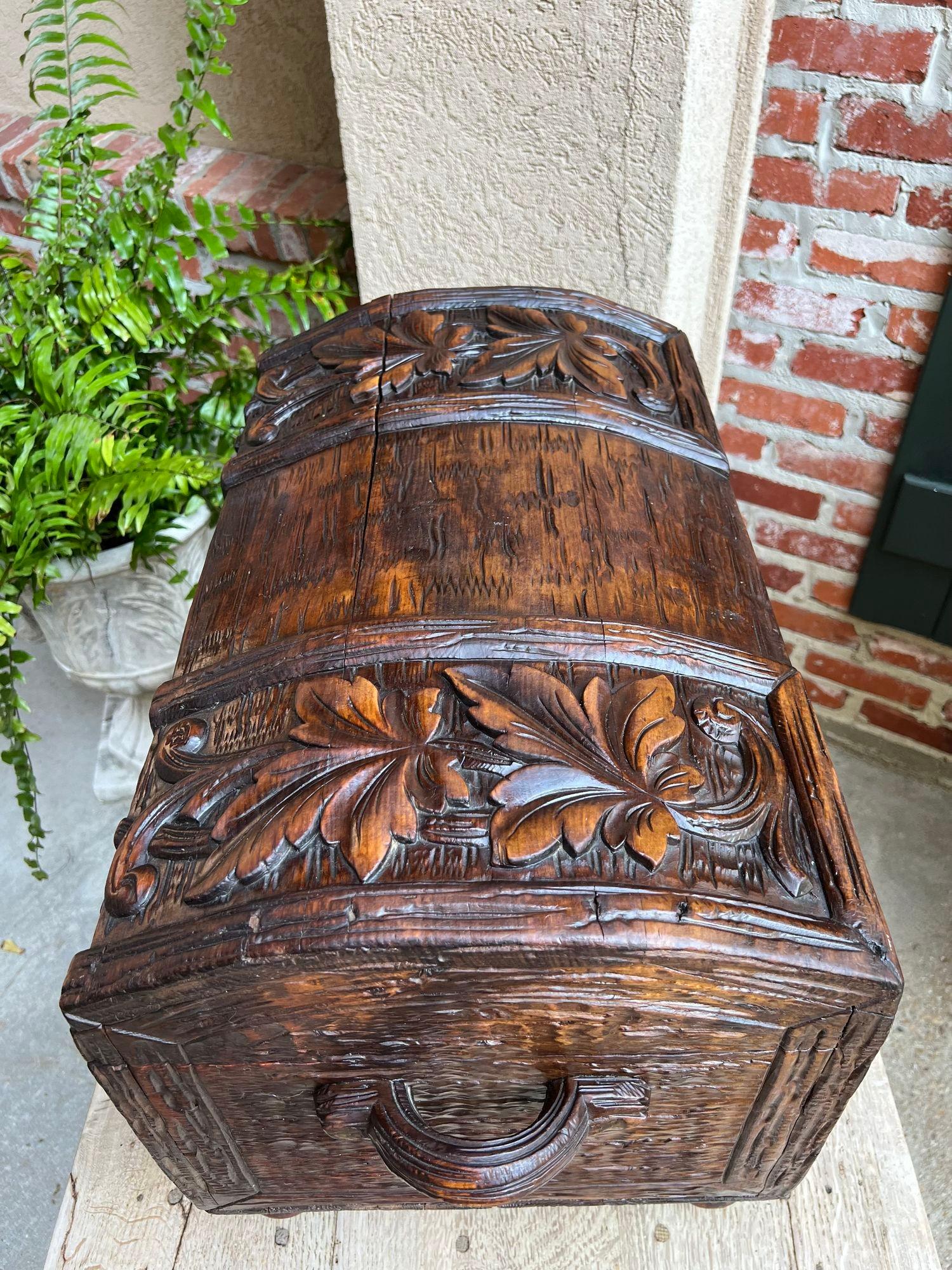 20th Century Antique French Carved Oak Petite Trunk Chest Black Forest Faux Bois Planter Box