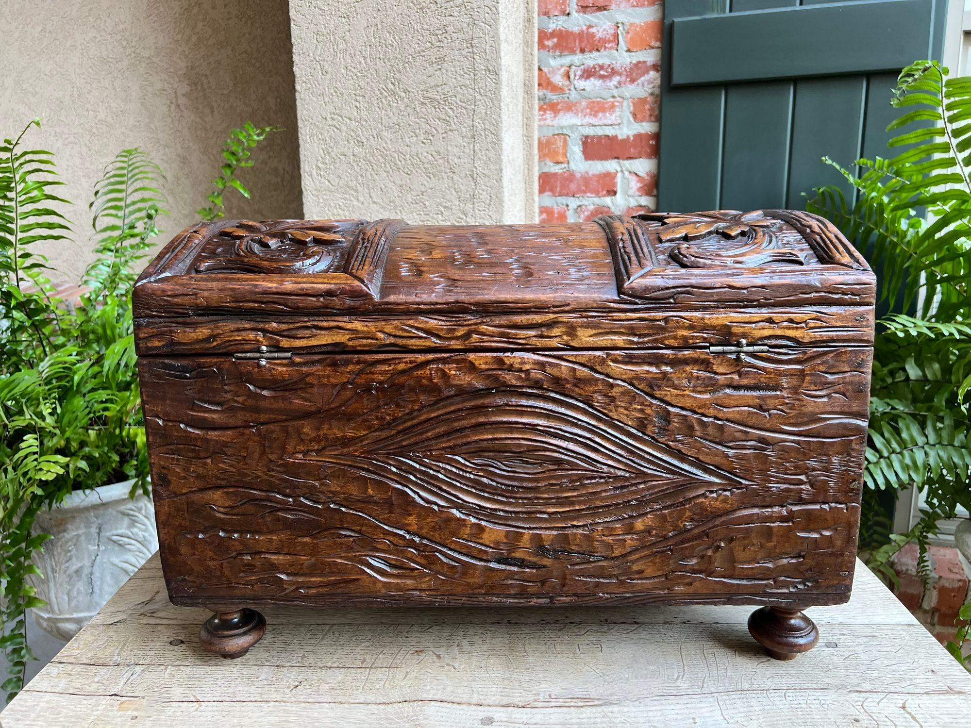 Antique French Carved Oak Petite Trunk Chest Black Forest Faux Bois Planter Box 2