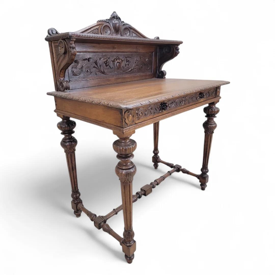 Late Victorian Antique French Carved Oak Petite Writing Desk For Sale