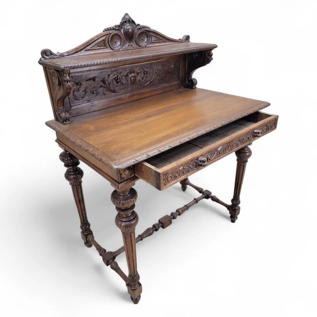 Antique French Carved Oak Petite Writing Desk For Sale 3