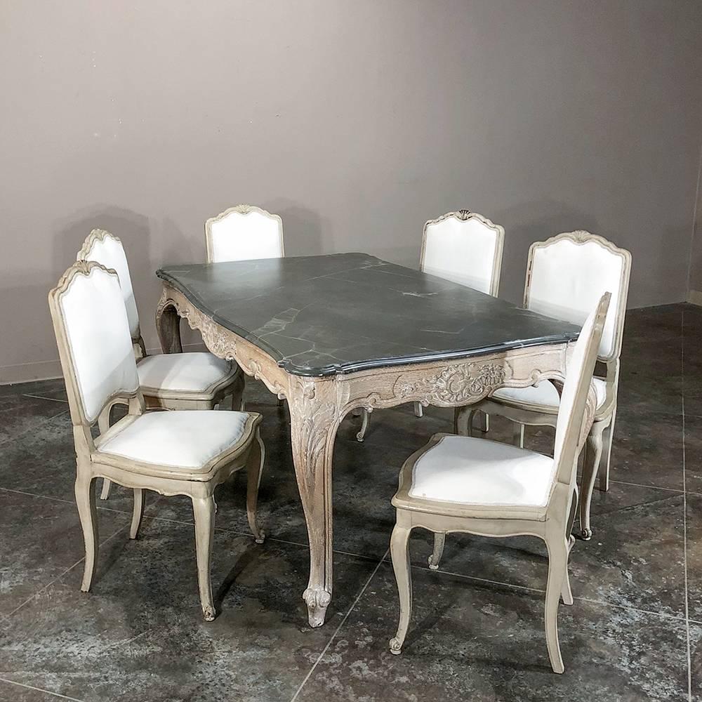 Régence Antique French Carved Oak Regence Painted Faux Marble Top Dining Table, Desk