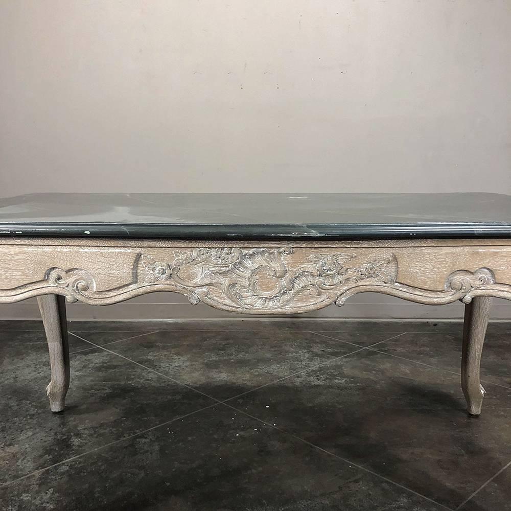 Antique French Carved Oak Regence Painted Faux Marble Top Dining Table, Desk In Good Condition In Dallas, TX