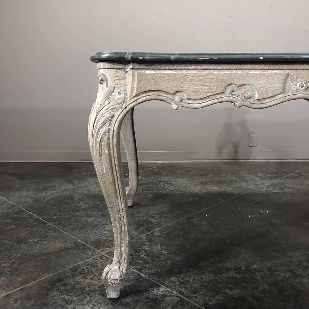 20th Century Antique French Carved Oak Regence Painted Faux Marble Top Dining Table, Desk