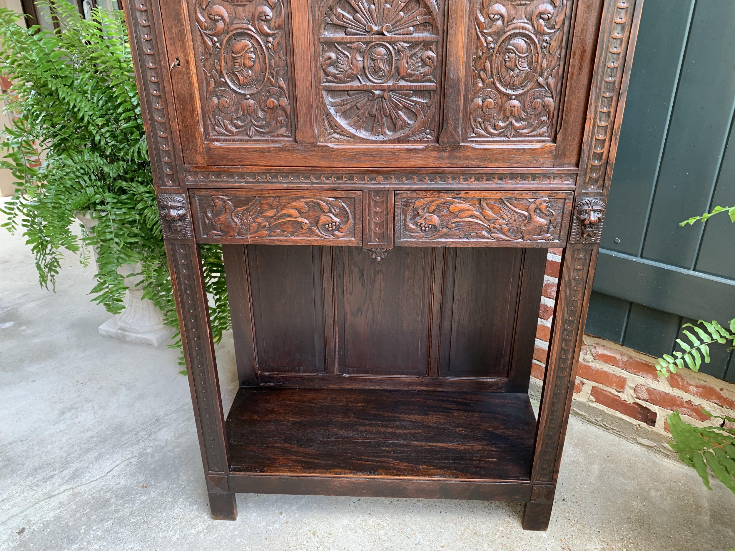 Antique French Carved Oak Renaissance Cabinet Bookcase Court Cupboard 19th C For Sale 6
