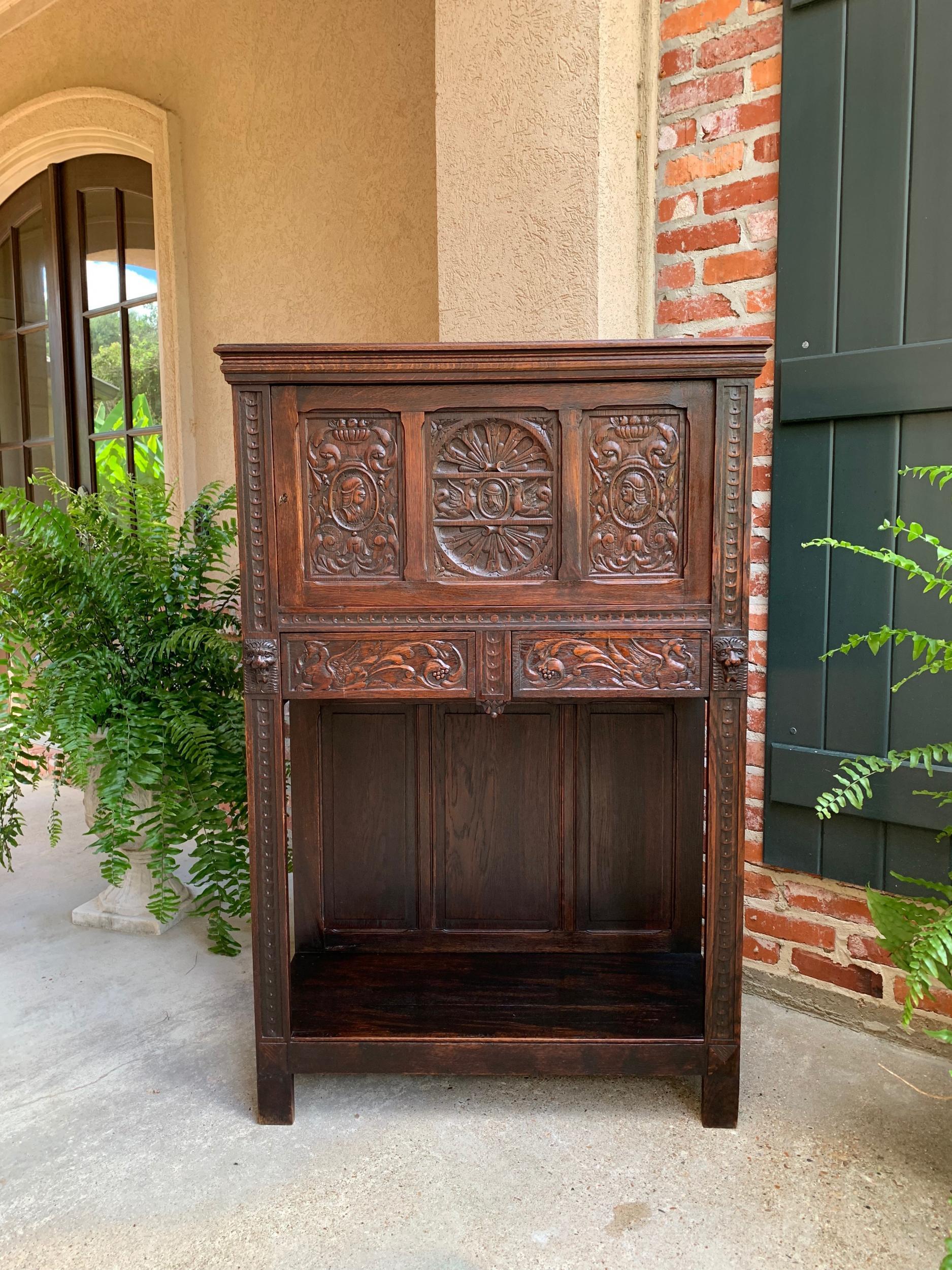 Hand-Carved Antique French Carved Oak Renaissance Cabinet Bookcase Court Cupboard 19th C For Sale