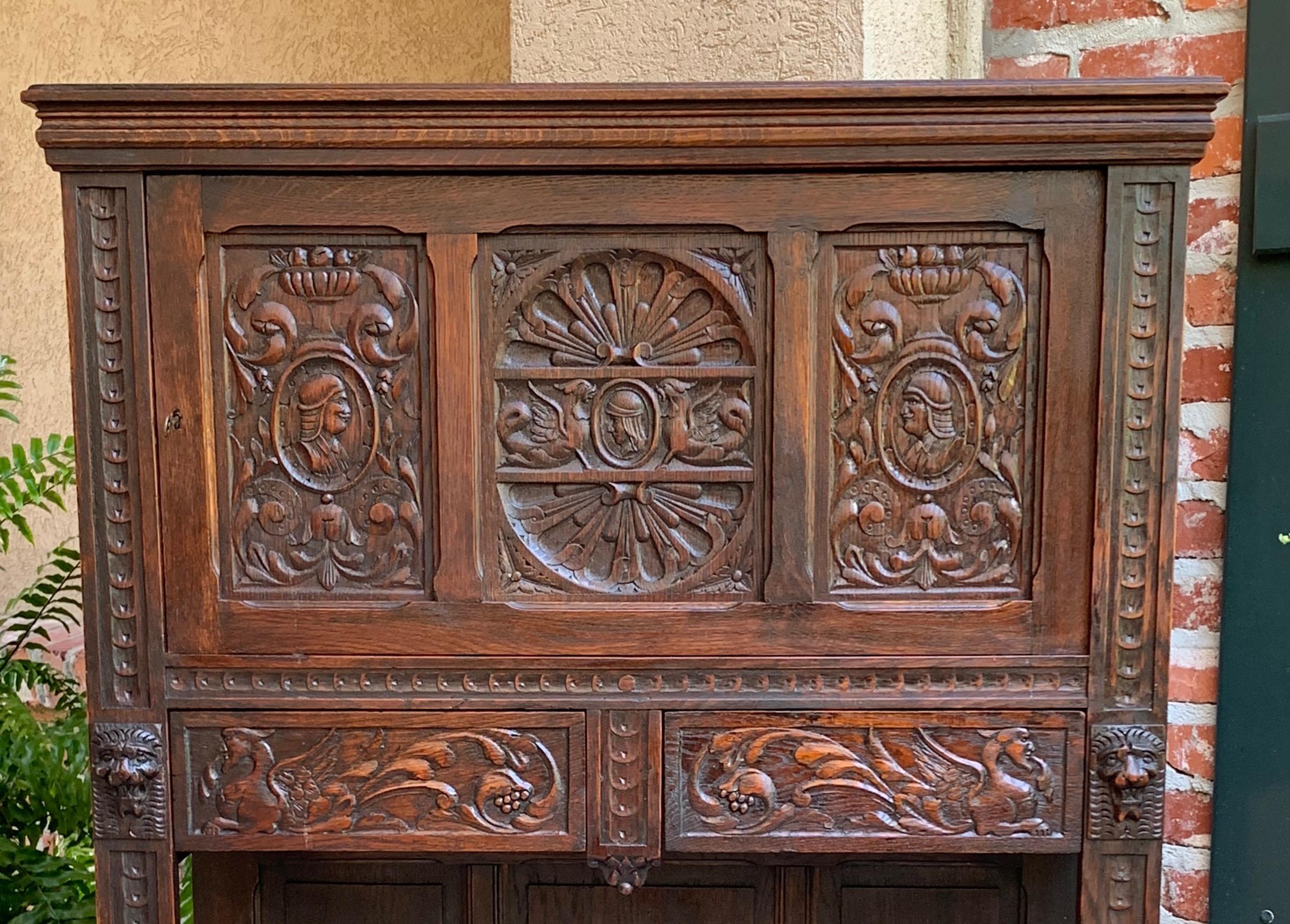 Antique French Carved Oak Renaissance Cabinet Bookcase Court Cupboard 19th C In Good Condition For Sale In Shreveport, LA