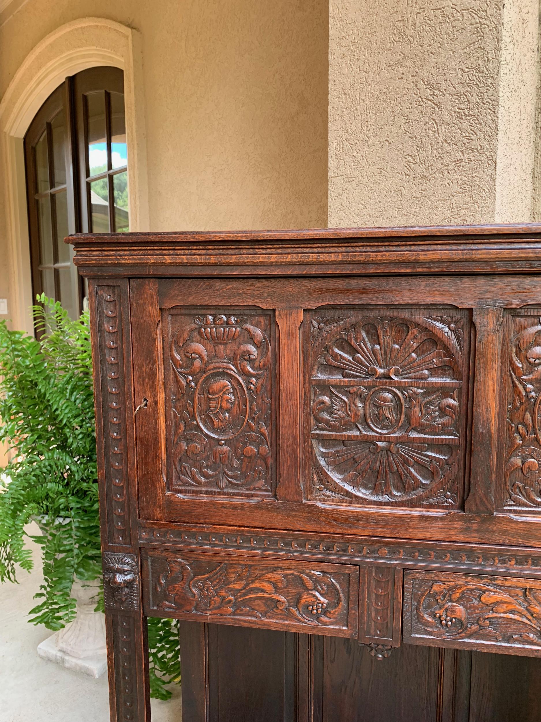 19th Century Antique French Carved Oak Renaissance Cabinet Bookcase Court Cupboard 19th C