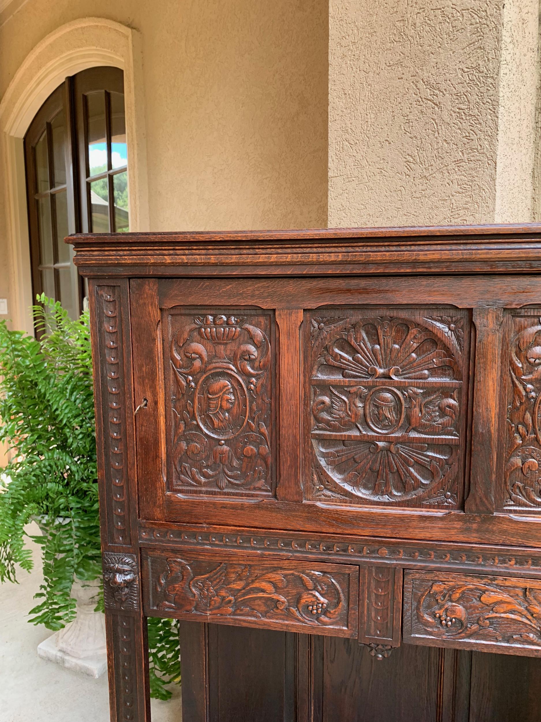 19th Century Antique French Carved Oak Renaissance Cabinet Bookcase Court Cupboard 19th C For Sale