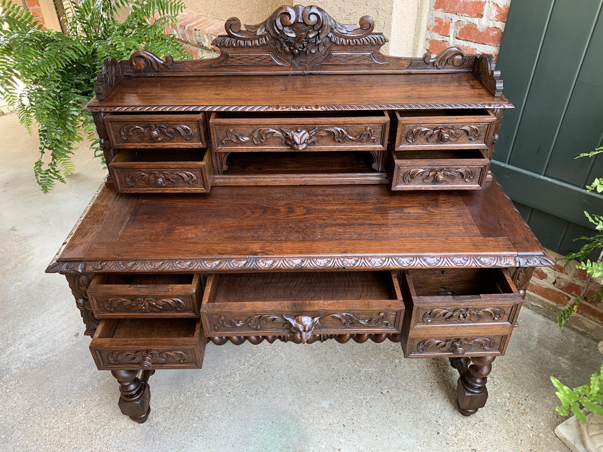 Antique French Carved Oak Renaissance Desk Barley Twist Louis XIII Library 19thc 6