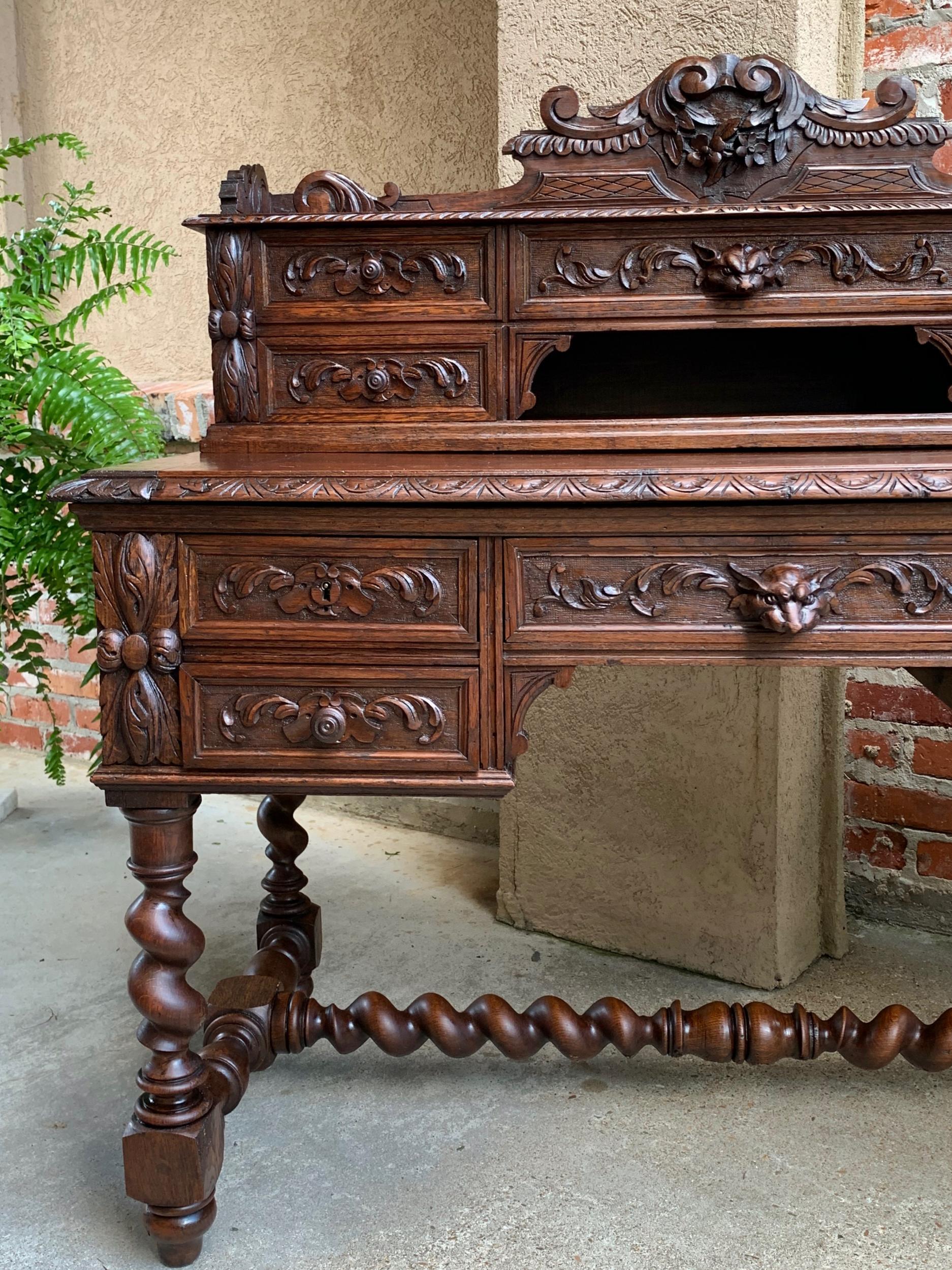 Antique French Carved Oak Renaissance Desk Barley Twist Louis XIII Library 19thc 9