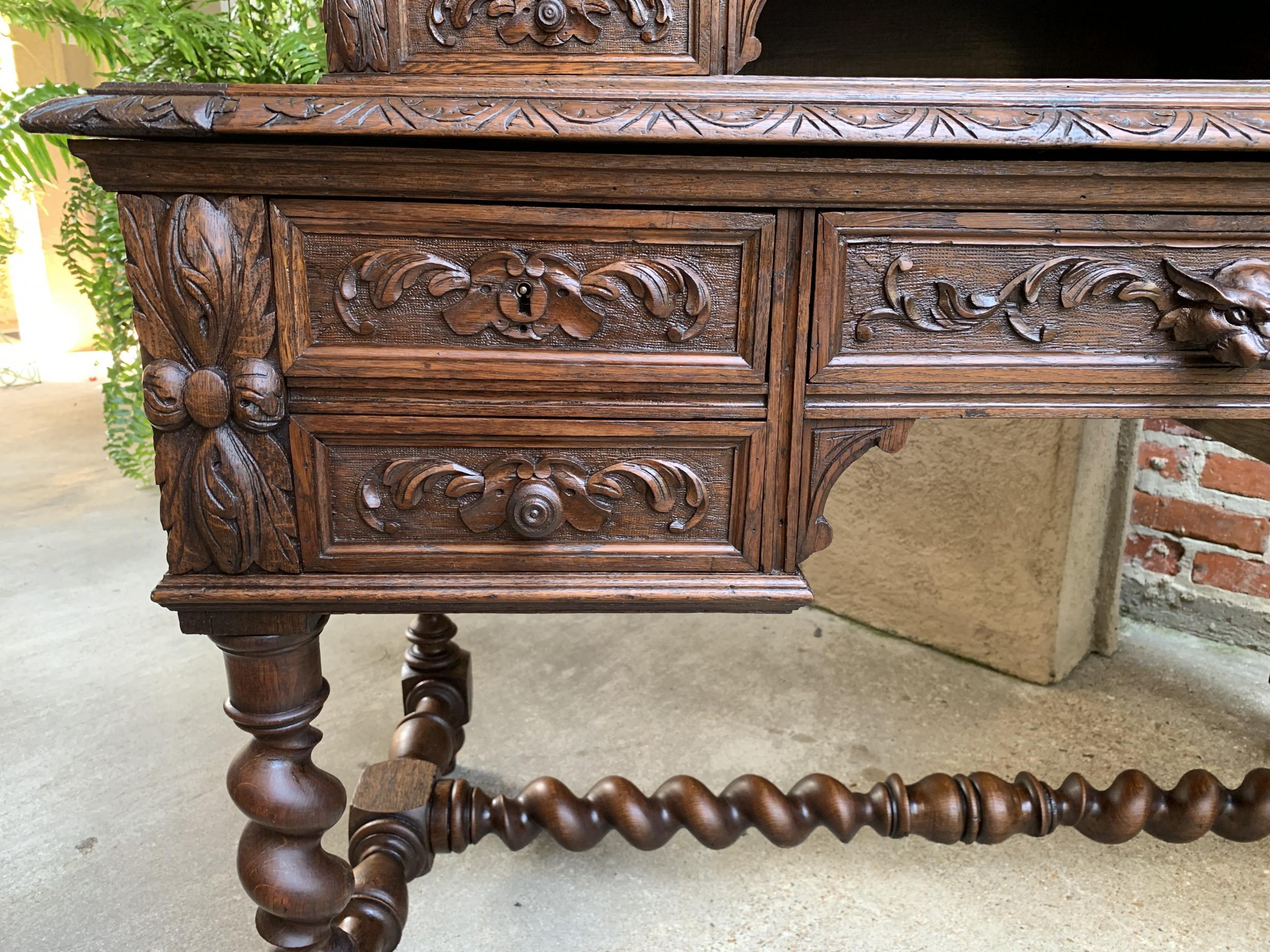 Antique French Carved Oak Renaissance Desk Barley Twist Louis XIII Library 19thc 10