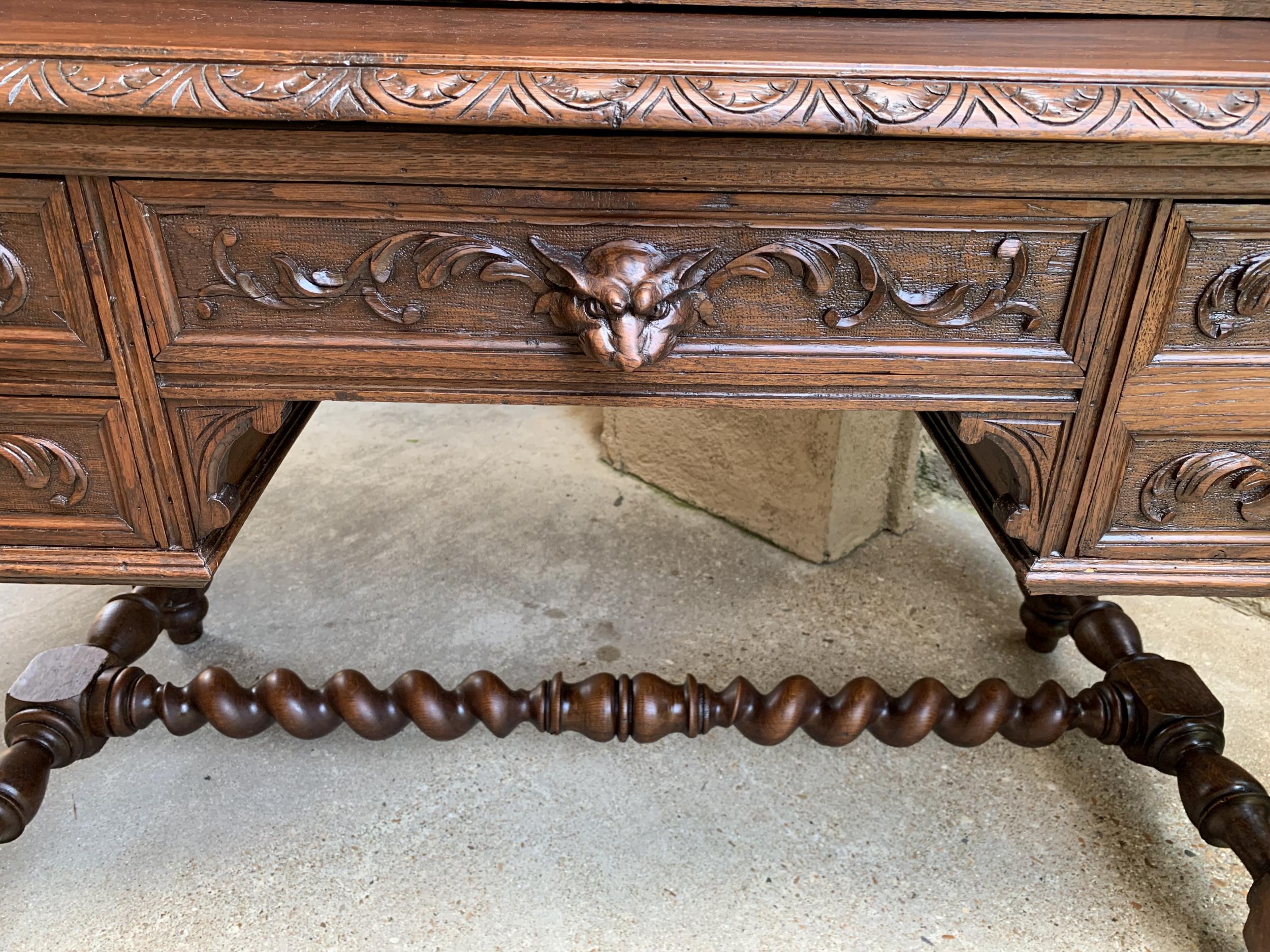 Antique French Carved Oak Renaissance Desk Barley Twist Louis XIII Library 19thc 13