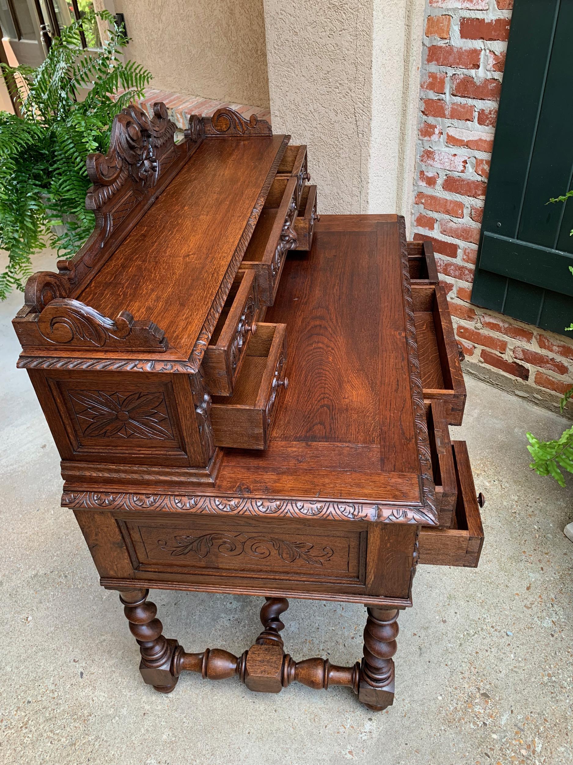 Antique French Carved Oak Renaissance Desk Barley Twist Louis XIII Library 19thc 15