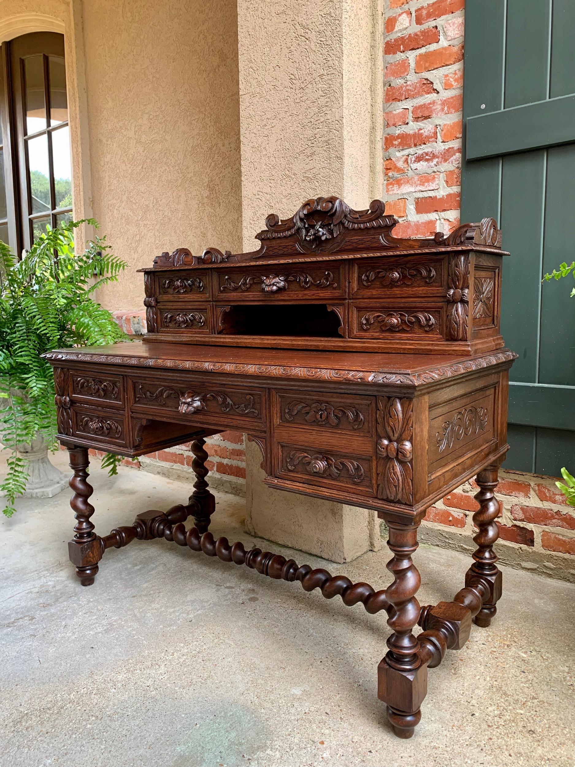 Hand-Carved Antique French Carved Oak Renaissance Desk Barley Twist Louis XIII Library 19thc