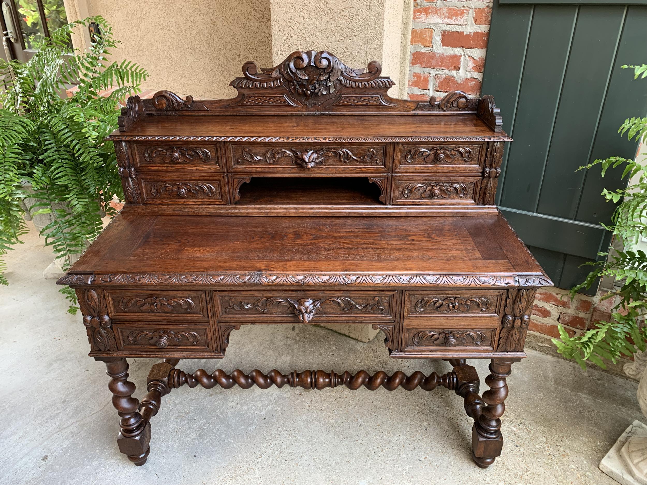 Antique French Carved Oak Renaissance Desk Barley Twist Louis XIII Library 19thc In Good Condition In Shreveport, LA