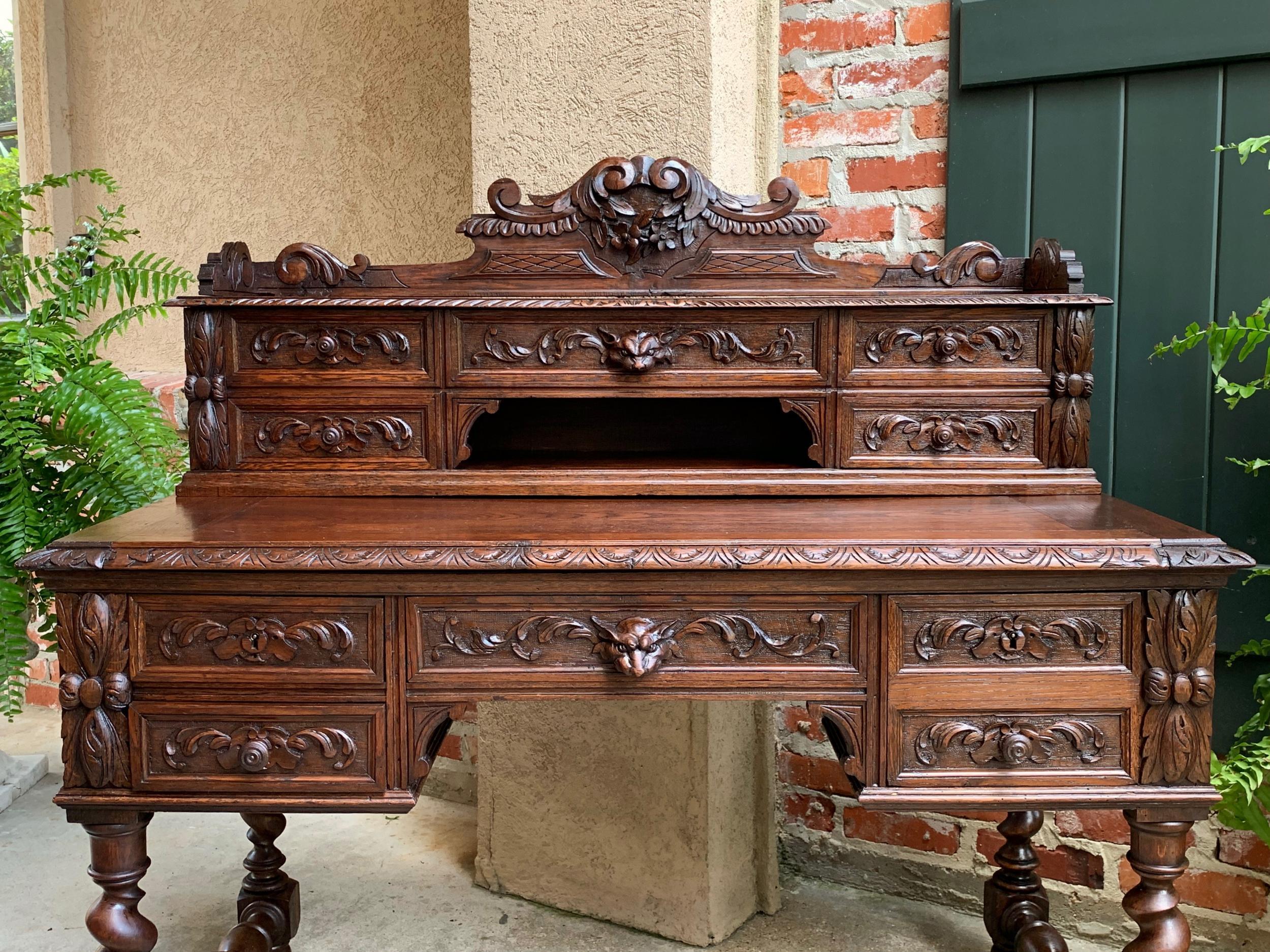19th Century Antique French Carved Oak Renaissance Desk Barley Twist Louis XIII Library 19thc