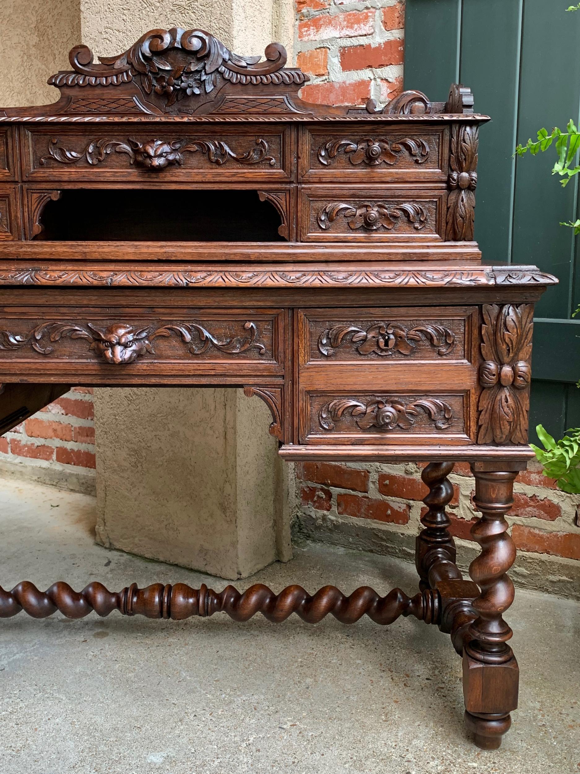 Antique French Carved Oak Renaissance Desk Barley Twist Louis XIII Library 19thc 4