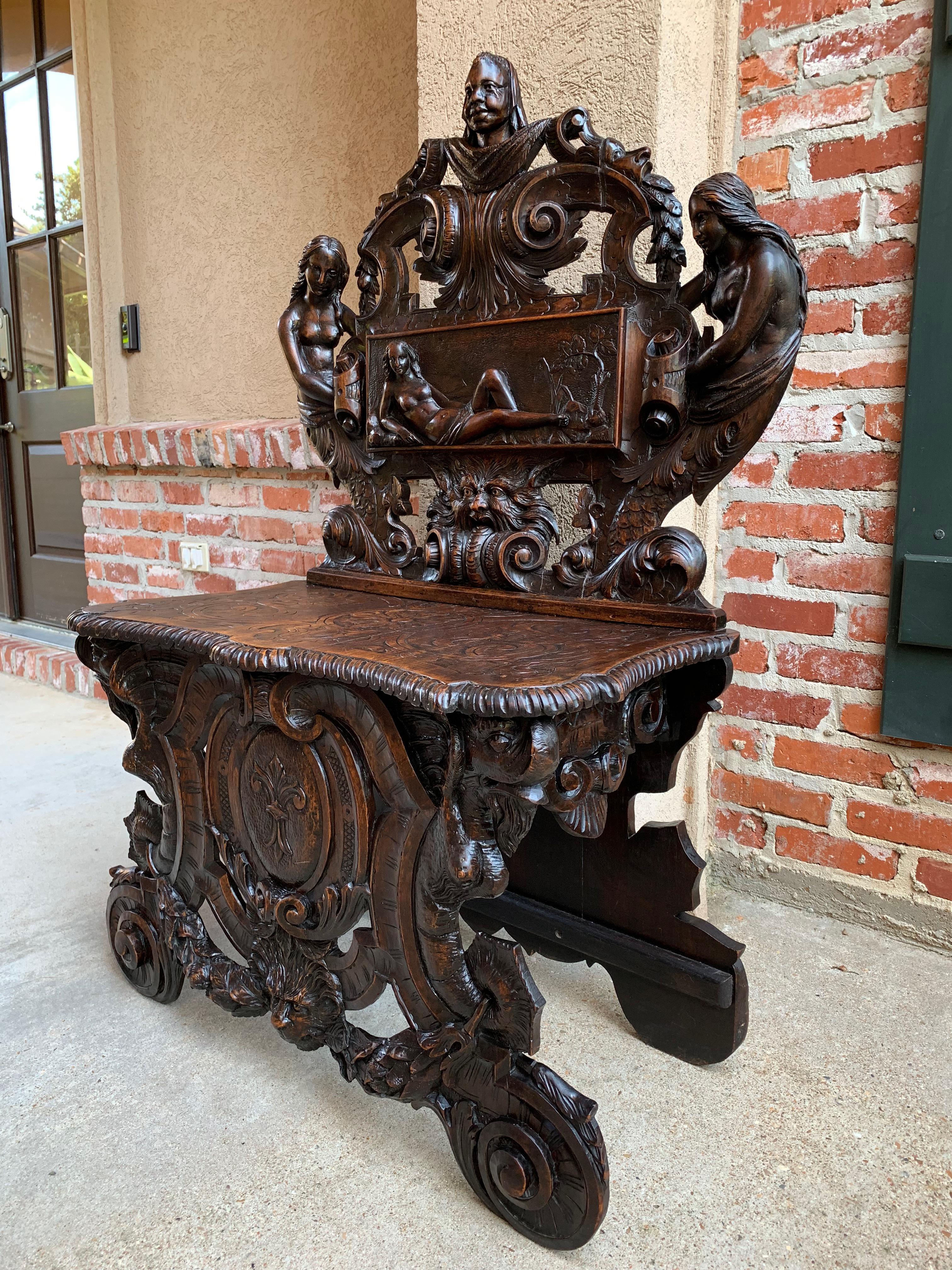 Hand-Carved Antique French Carved Oak Renaissance Hall Bench Loveseat Chair Gothic Mermaid