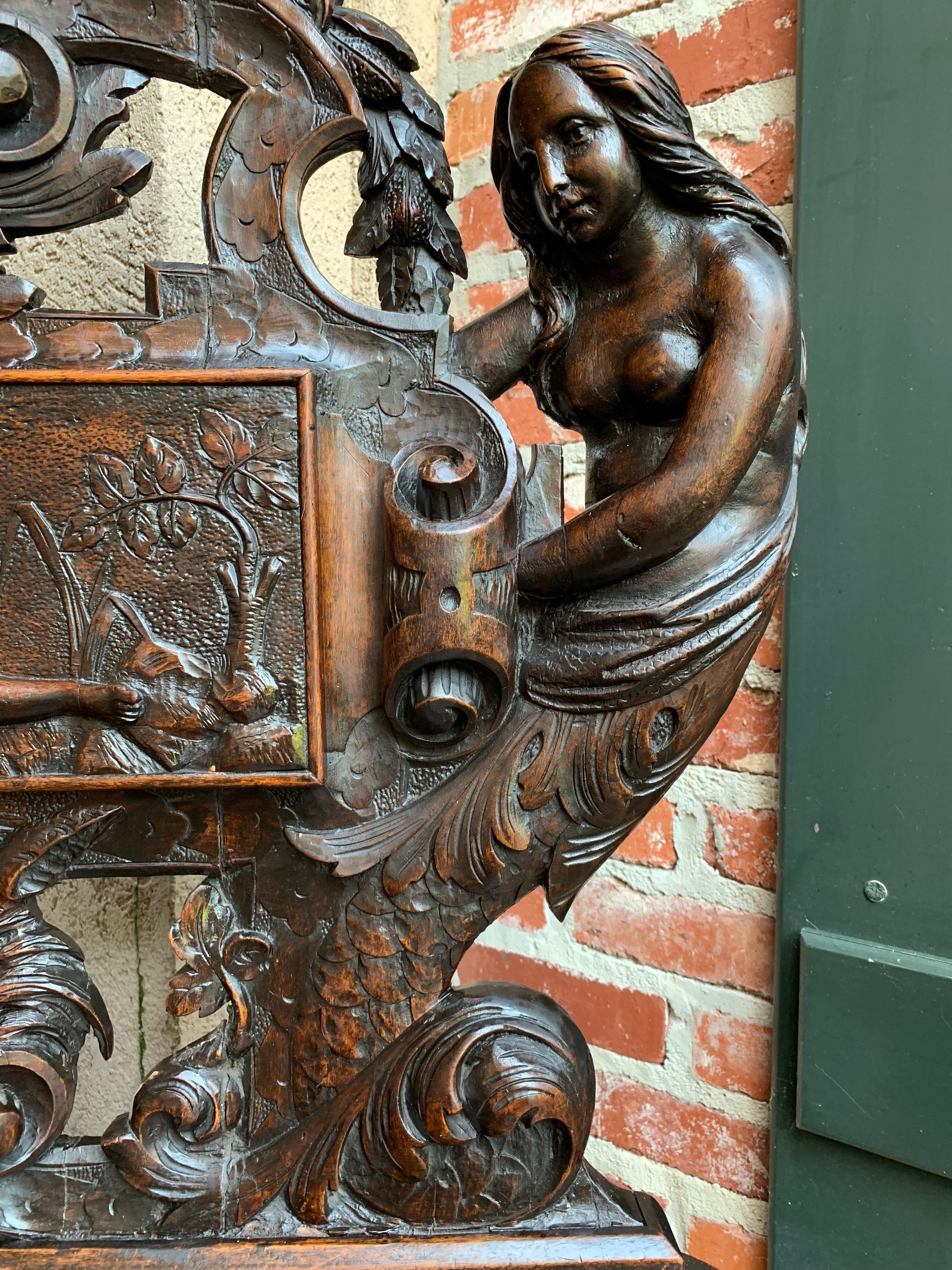 Antique French Carved Oak Renaissance Hall Bench Loveseat Chair Gothic Mermaid In Good Condition In Shreveport, LA