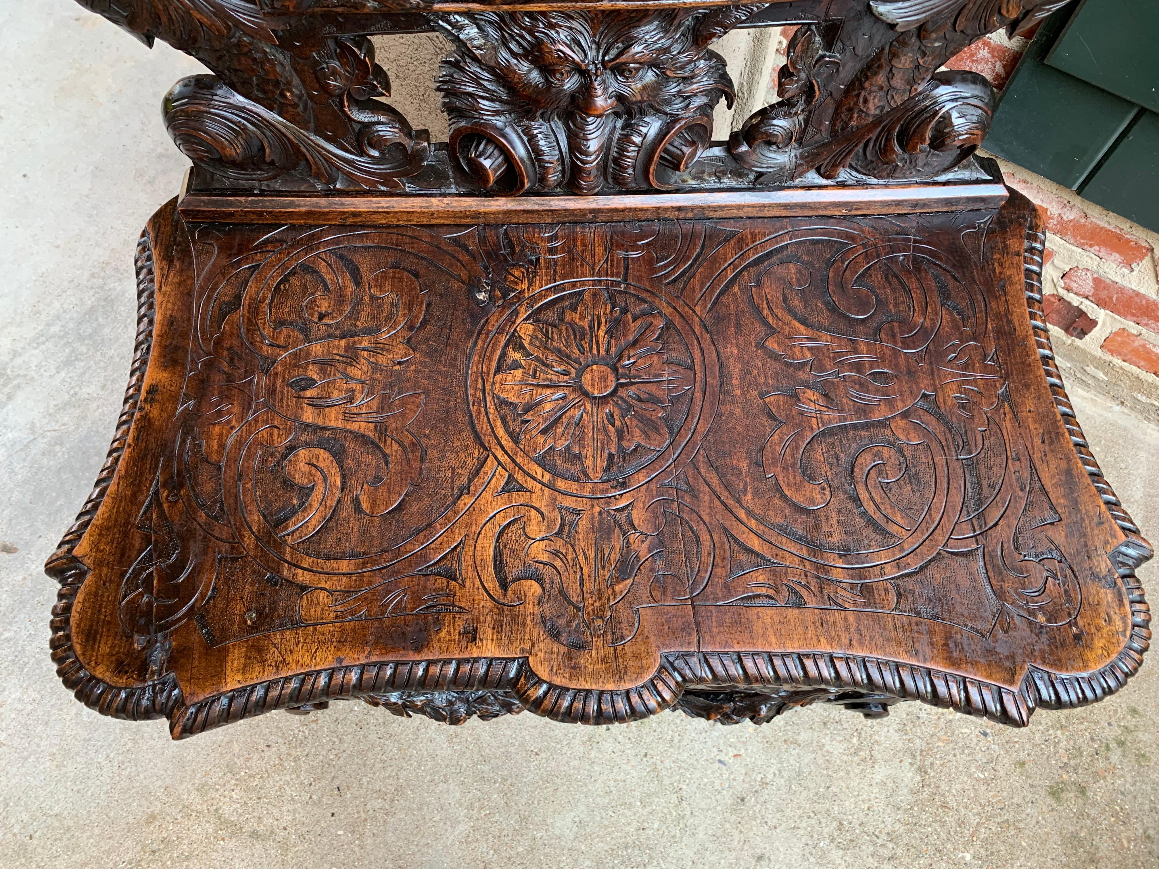 19th Century Antique French Carved Oak Renaissance Hall Bench Loveseat Chair Gothic Mermaid