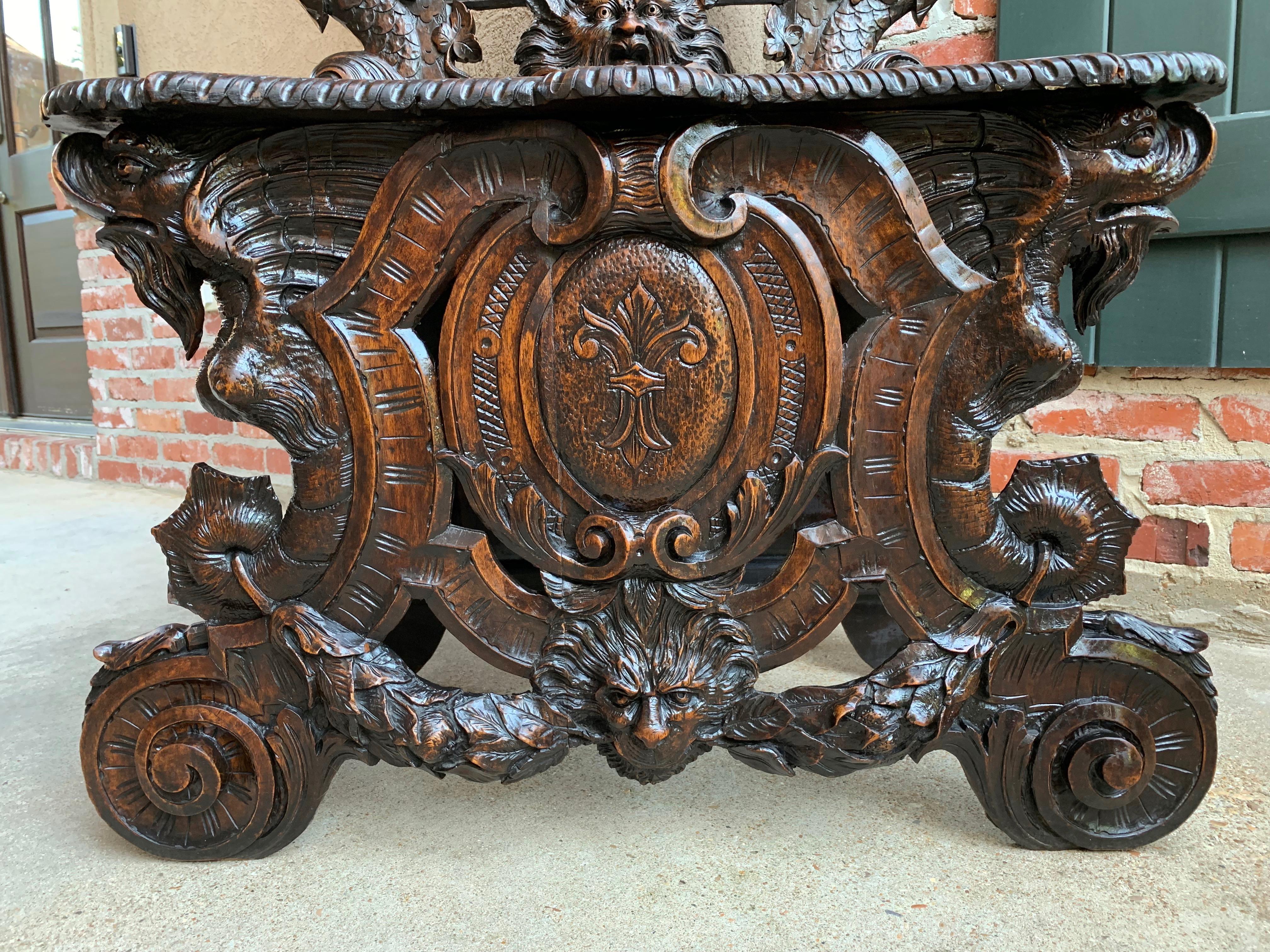 Antique French Carved Oak Renaissance Hall Bench Loveseat Chair Gothic Mermaid 1