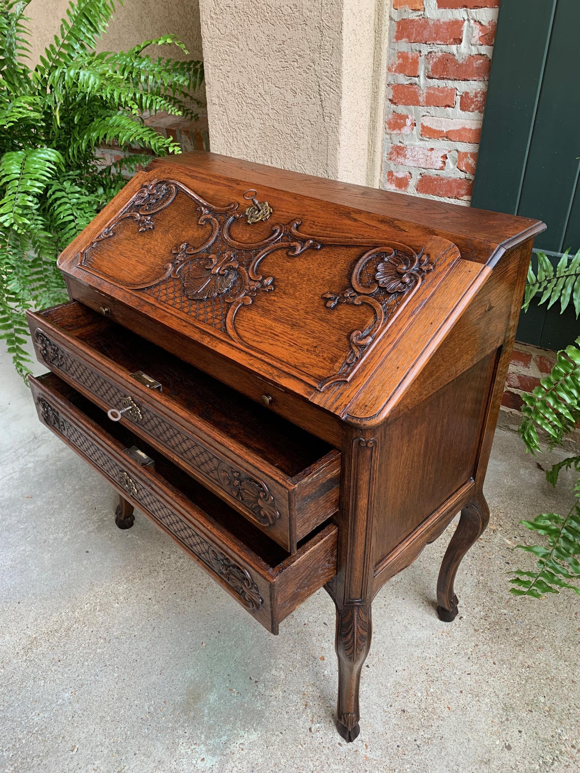 Antique French Carved Oak Secretary Desk Bureau Drop Front Louis XV Style 5