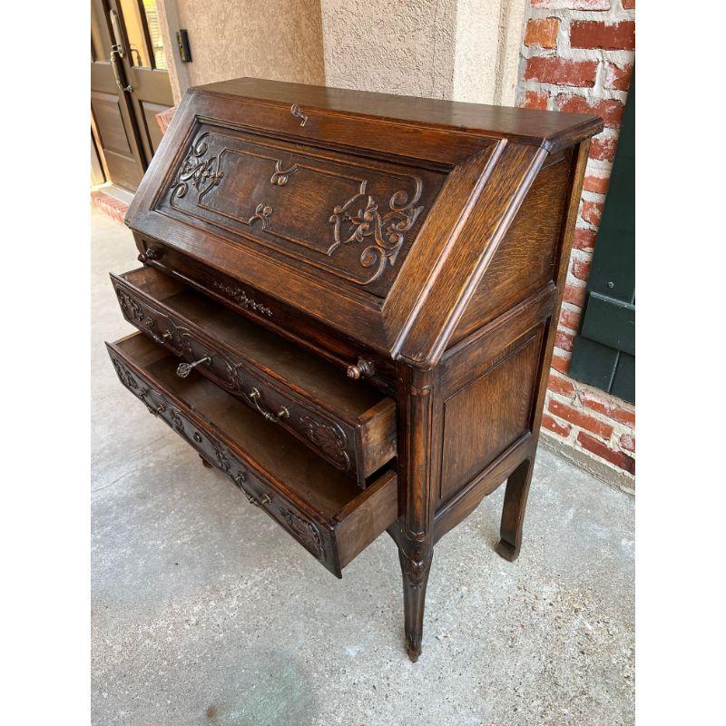 Antique French Carved Oak Secretary Desk Bureau Drop Front Louis XV Style For Sale 6
