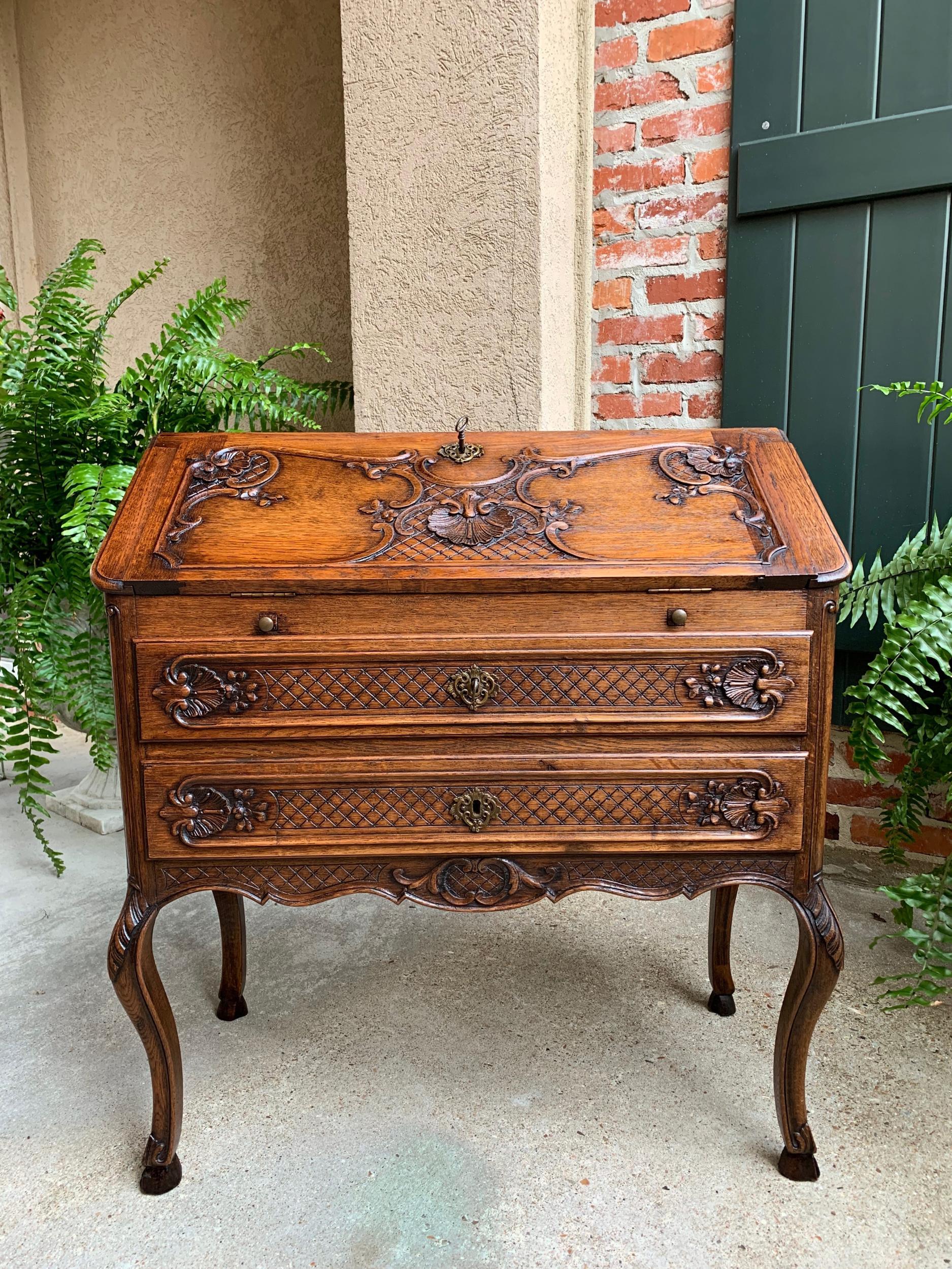 Antique French Carved Oak Secretary Desk Bureau Drop Front Louis XV Style 7