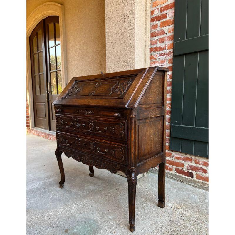 Antique French Carved Oak Secretary Desk Bureau Drop Front Louis XV Style For Sale 8