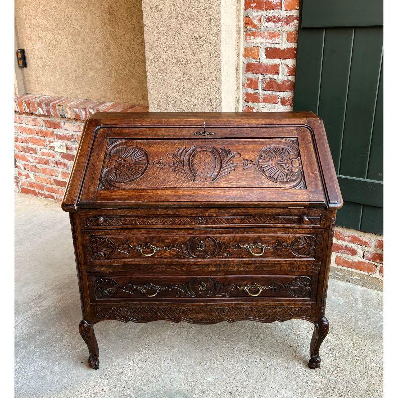 Antique French Carved Oak Secretary Desk Bureau Drop Front Louis XV Style For Sale 9