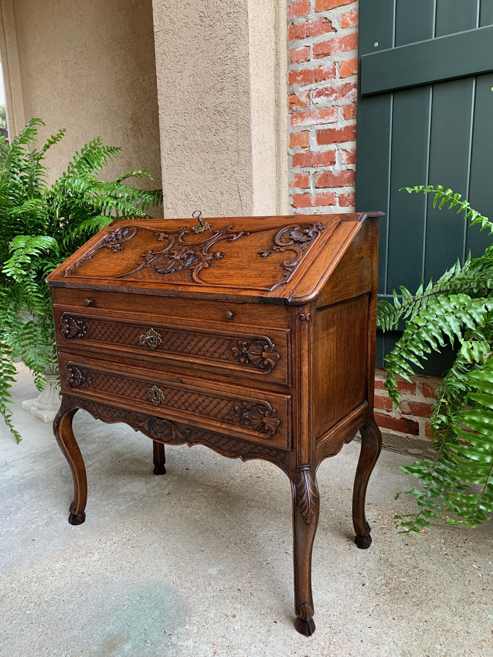Antique French Carved Oak Secretary Desk Bureau Drop Front Louis XV Style 8