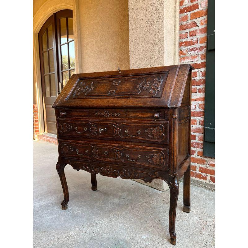Antique French Carved Oak Secretary Desk Bureau Drop Front Louis XV Style For Sale 9