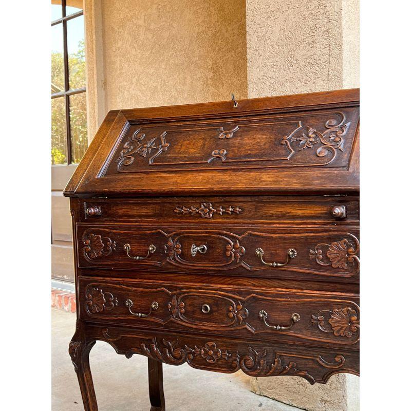 Antique French Carved Oak Secretary Desk Bureau Drop Front Louis XV Style For Sale 10