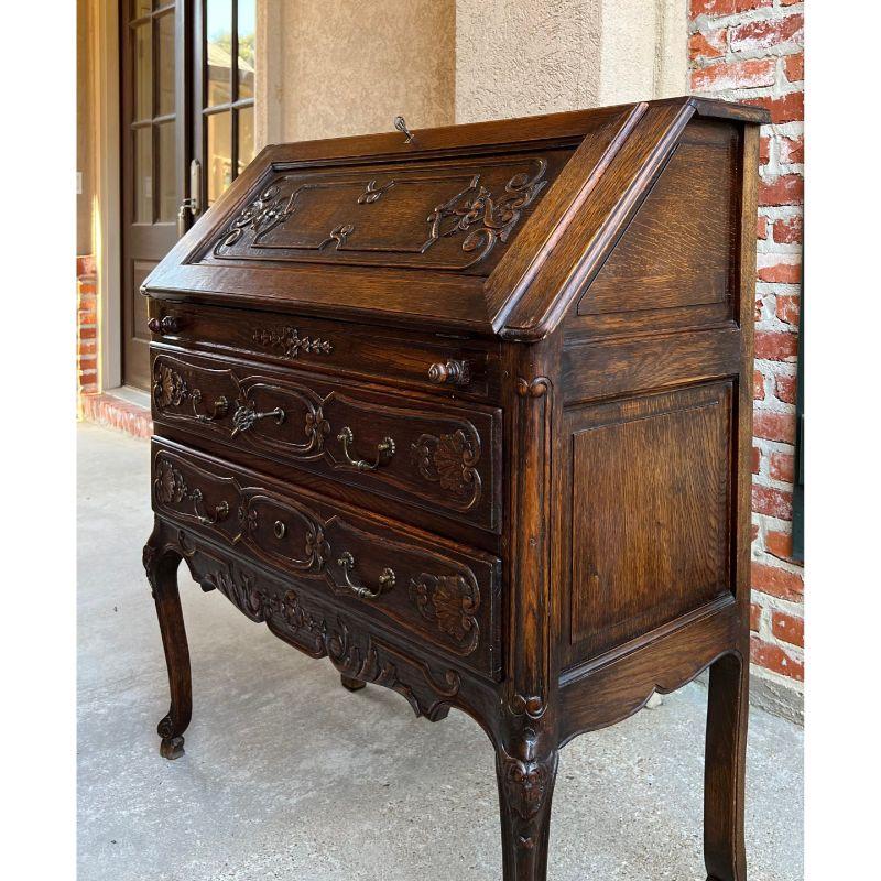 Antique French Carved Oak Secretary Desk Bureau Drop Front Louis XV Style For Sale 10