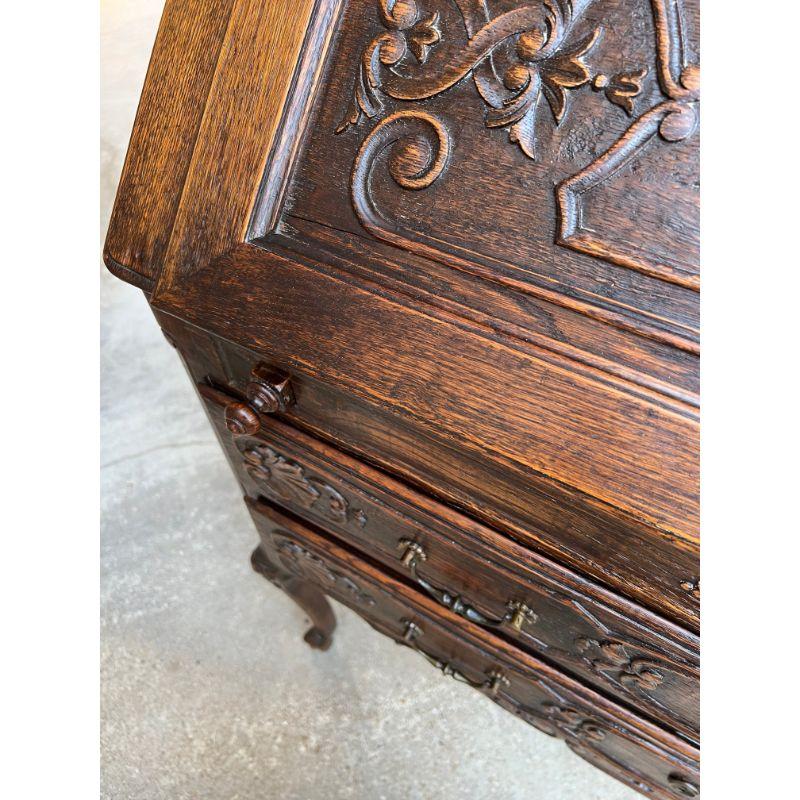 Antique French Carved Oak Secretary Desk Bureau Drop Front Louis XV Style For Sale 14