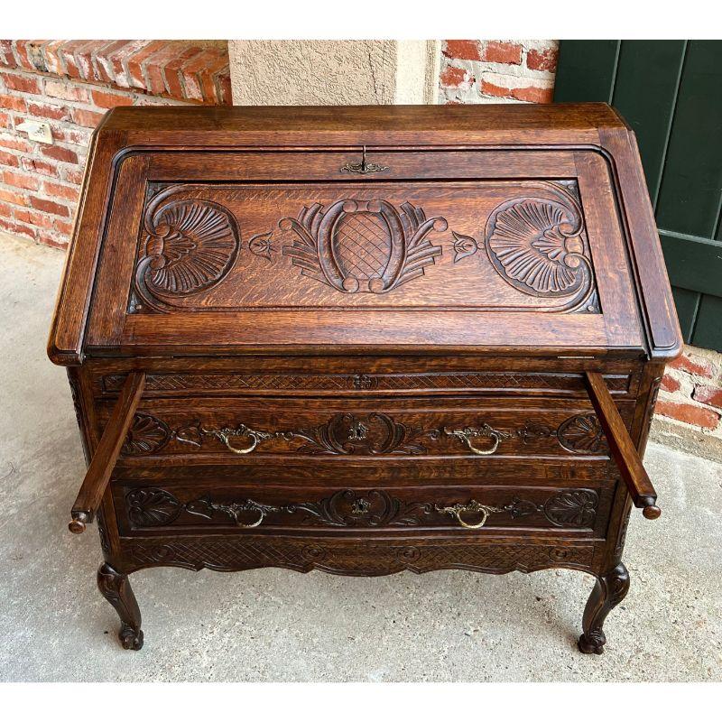 Antique French Carved Oak Secretary Desk Bureau Drop Front Louis XV Style For Sale 15