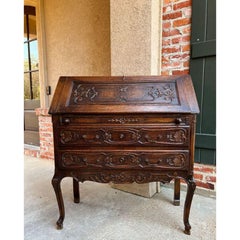 Antique French Carved Oak Secretary Desk Bureau Drop Front Louis XV Style