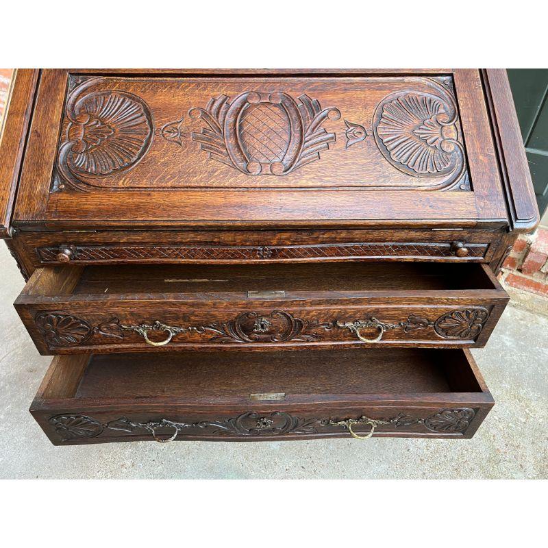 Antique French Carved Oak Secretary Desk Bureau Drop Front Louis XV Style For Sale 16