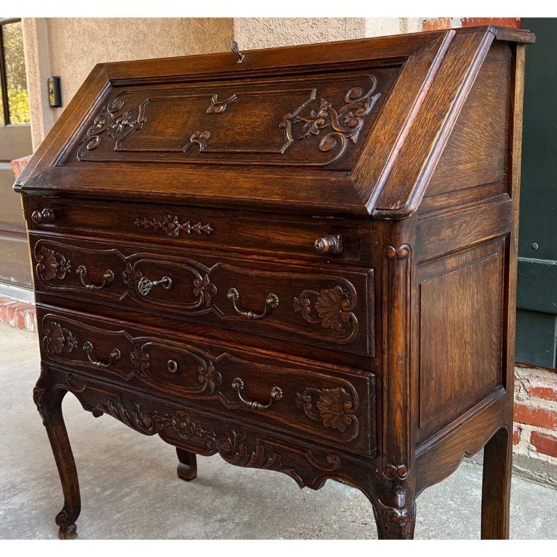Antique French Carved Oak Secretary Desk Bureau Drop Front Louis XV Style In Good Condition For Sale In Shreveport, LA