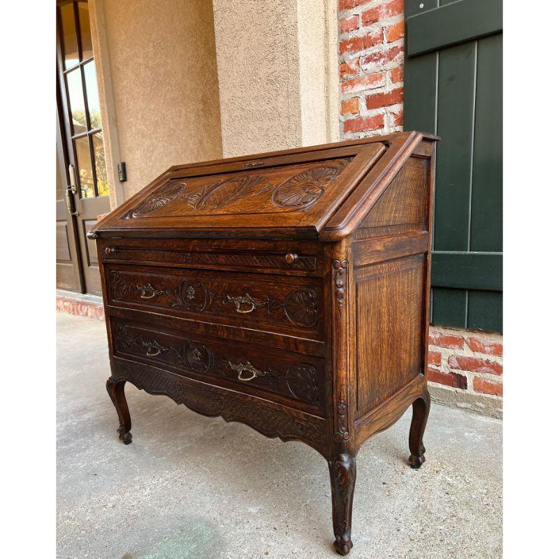 Early 20th Century Antique French Carved Oak Secretary Desk Bureau Drop Front Louis XV Style For Sale