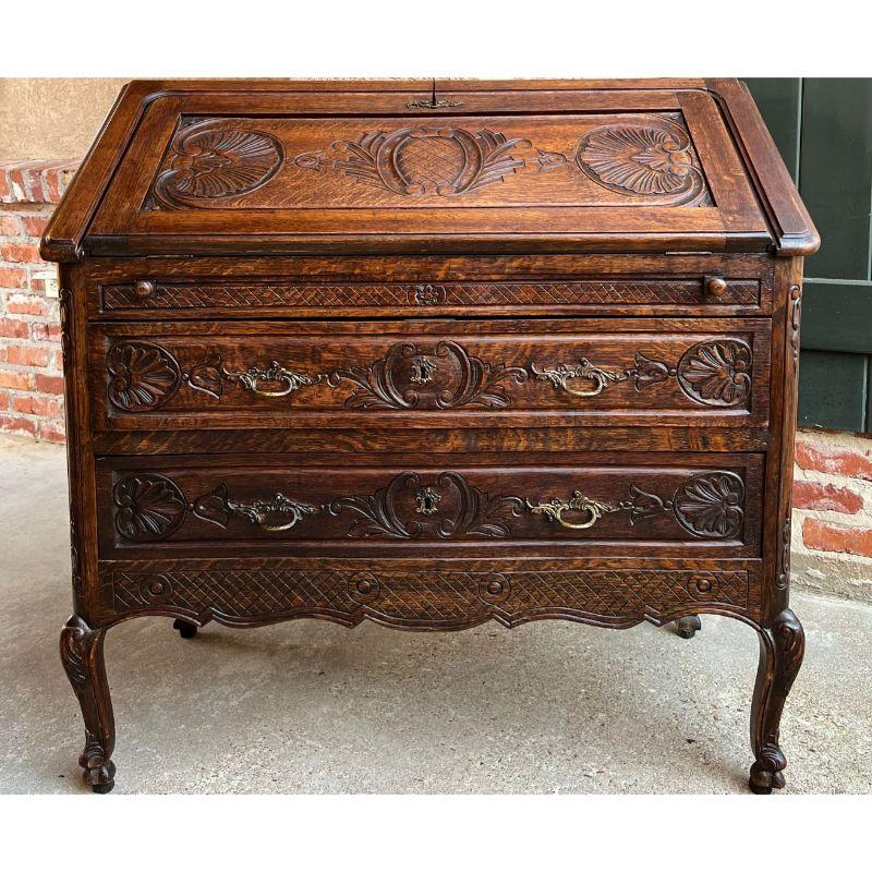 Antique French Carved Oak Secretary Desk Bureau Drop Front Louis XV Style For Sale 1