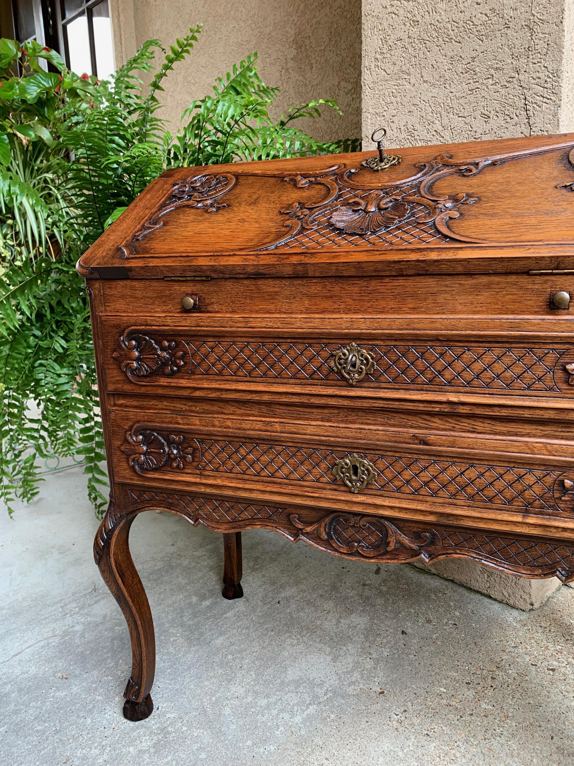 Brass Antique French Carved Oak Secretary Desk Bureau Drop Front Louis XV Style