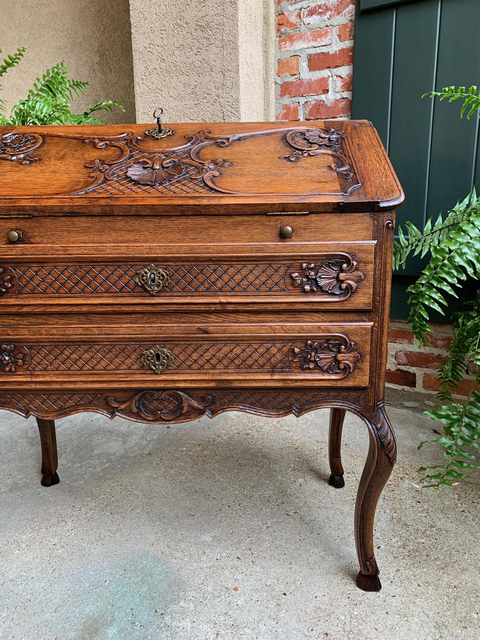 Antique French Carved Oak Secretary Desk Bureau Drop Front Louis XV Style 1