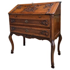 Antique French Carved Oak Secretary Desk Bureau Drop Front Louis XV Style